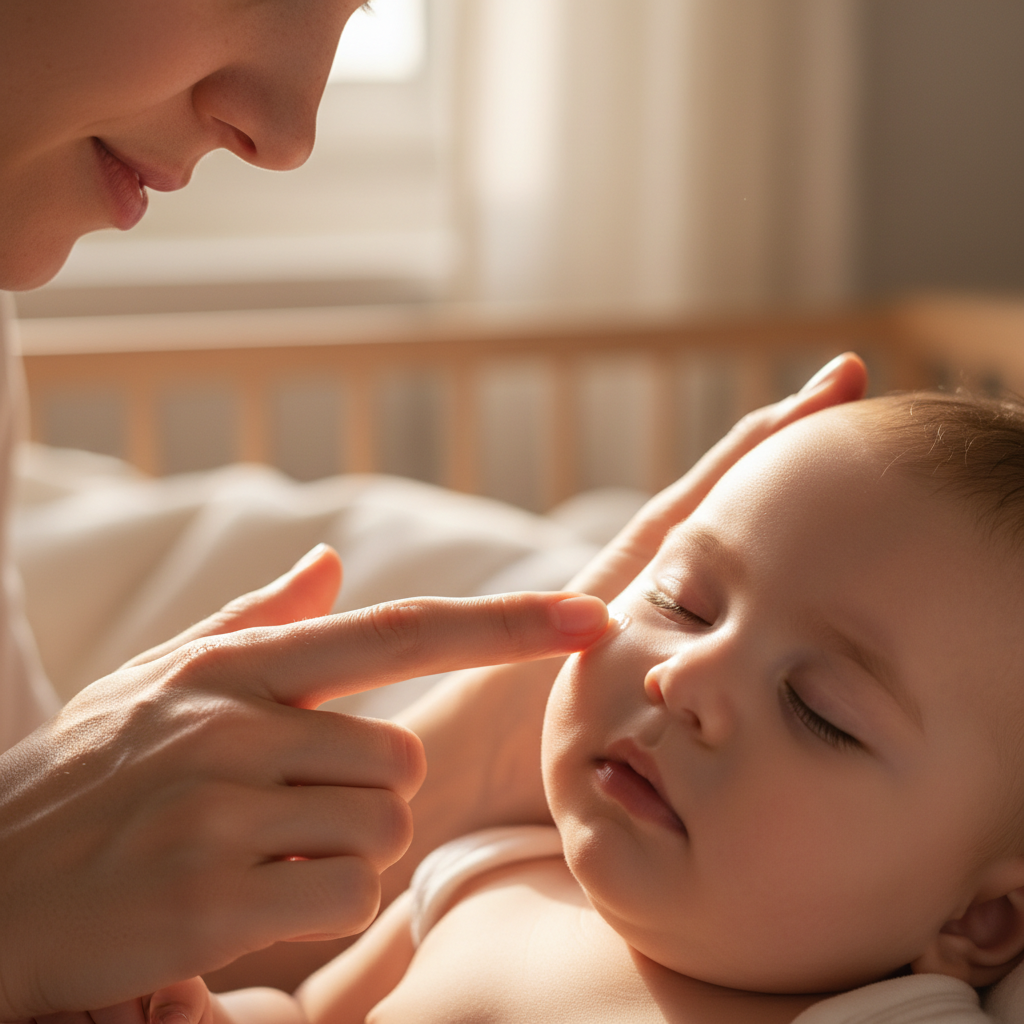 Mother gently applying balm to baby's cheek, warm morning light