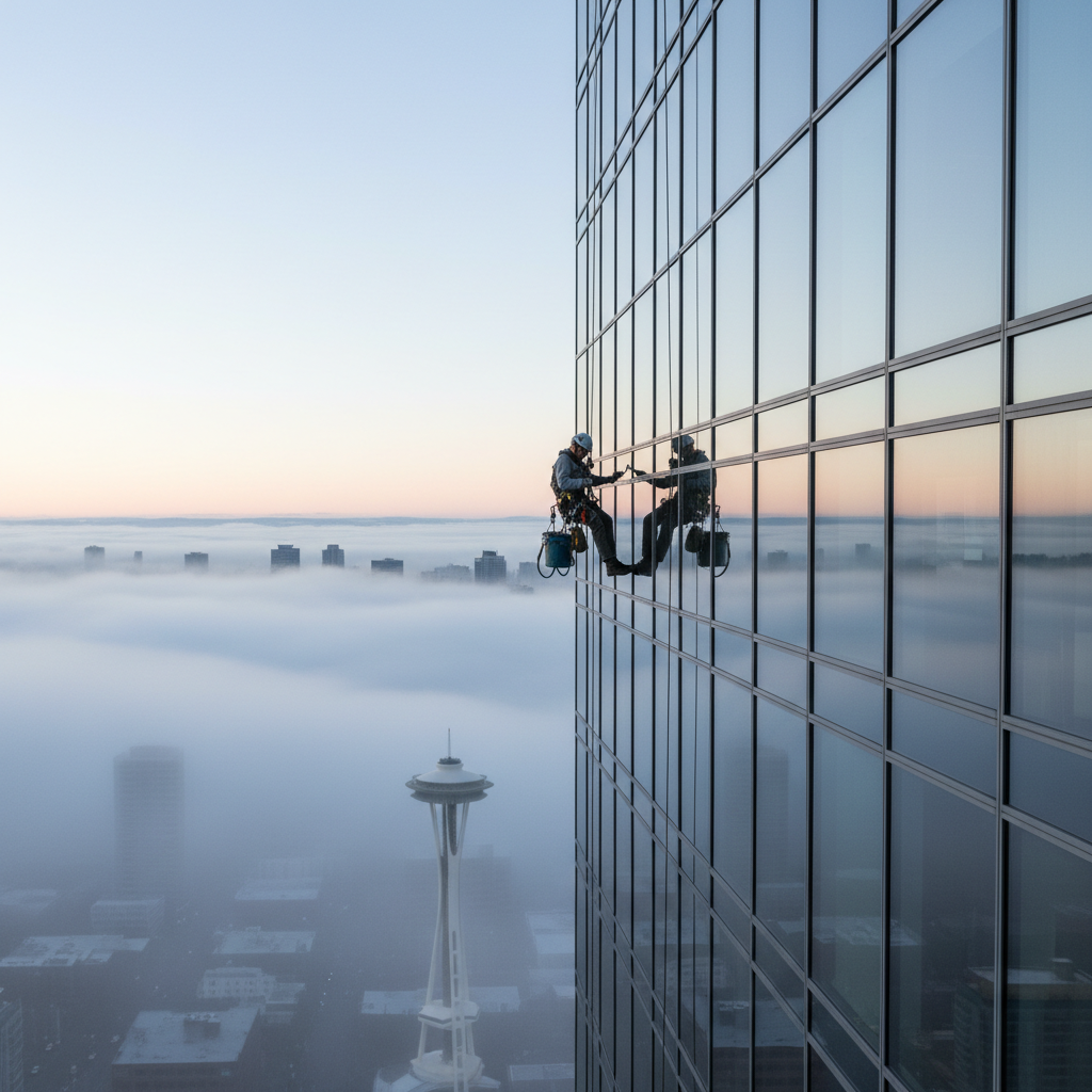 Window cleaning technician in harness descending a glass curtain wall tower in downtown Seattle, Space Needle visible in the reflection below morning fog