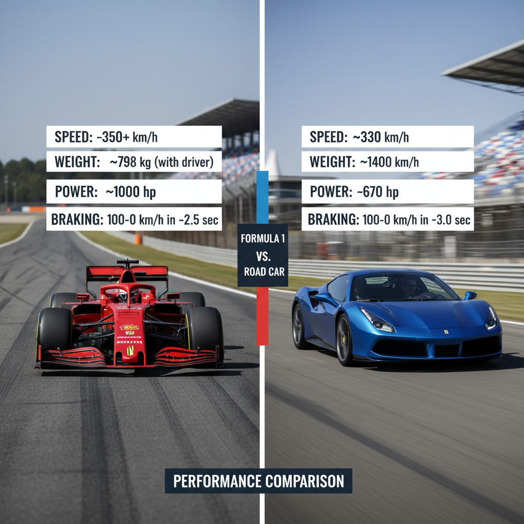 Formula 1 car vs road car comparison speed weight power braking differences explained