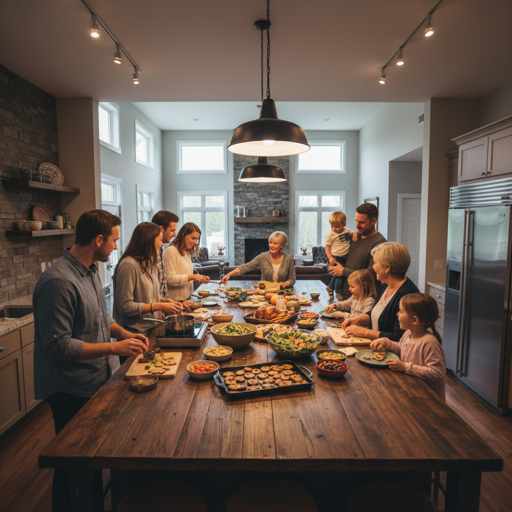 A family gathered around a kitchen table with warm lamp light, an elderly grandmother speaking while two younger family members listen, dark atmospheric interior, deeply intimate