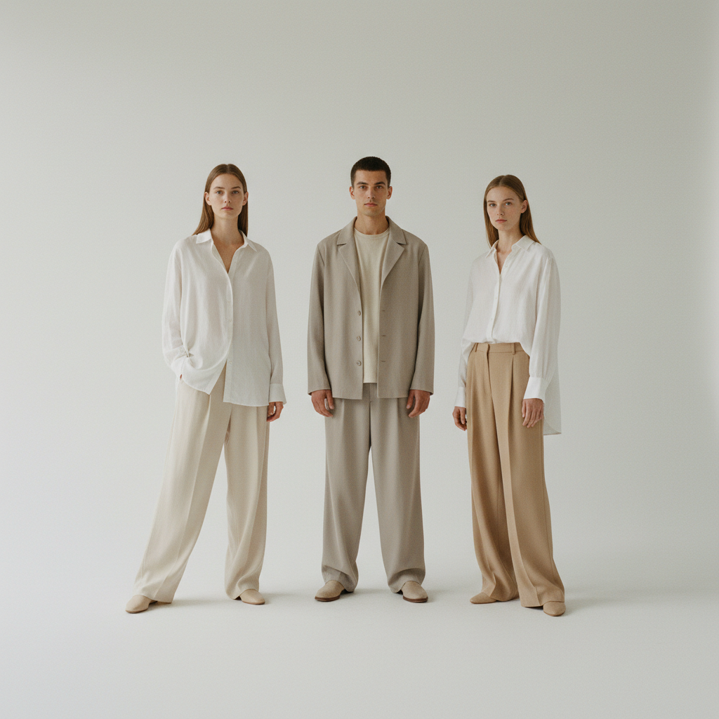 Minimalist fashion look, clean structured silhouette, pure white studio background, stark modern aesthetic