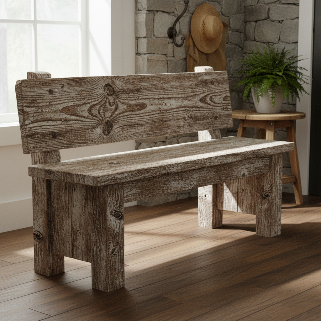 Rustic farmhouse dining bench with wood grain detail in bright kitchen
