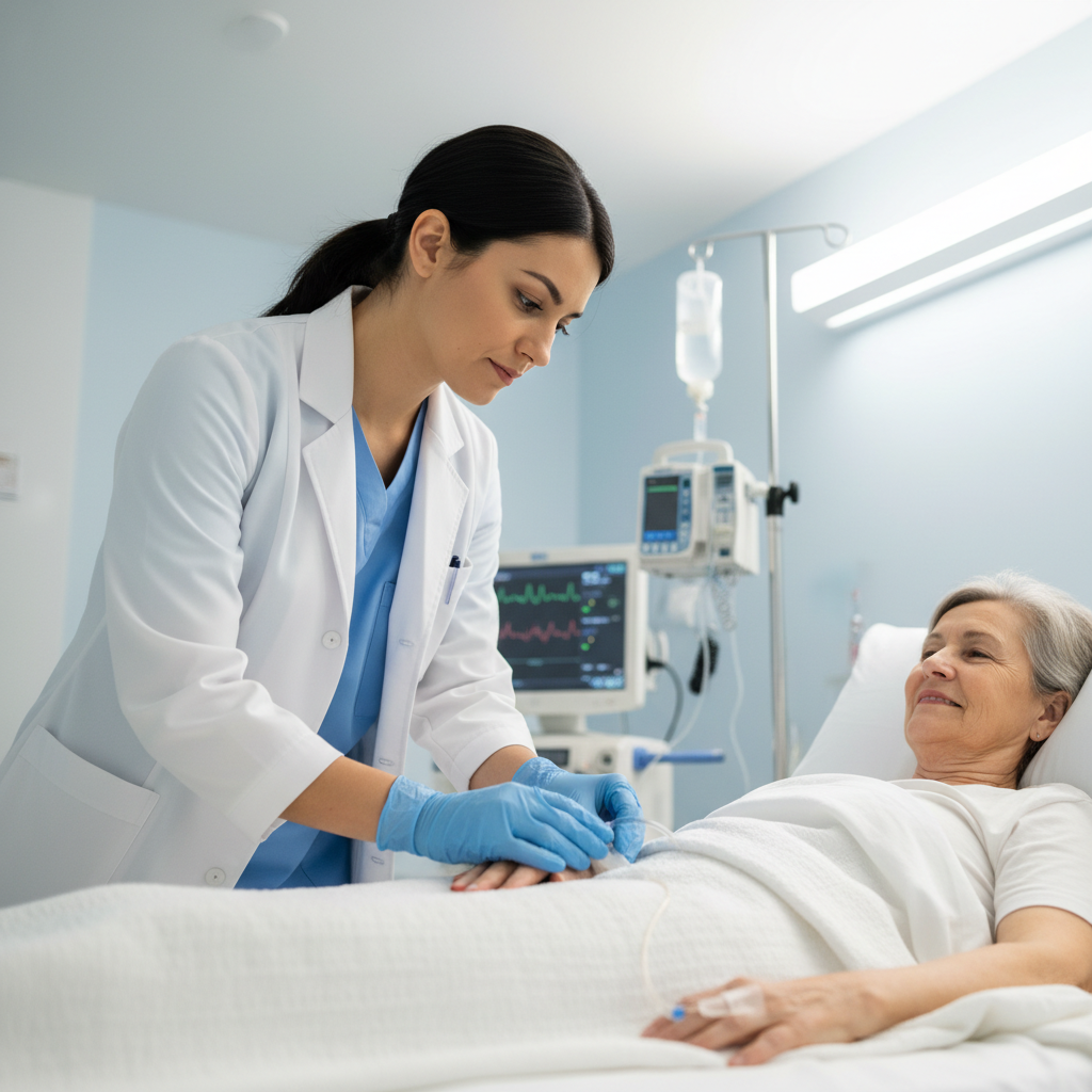 Female caretaker in scrubs assisting elderly patient at home