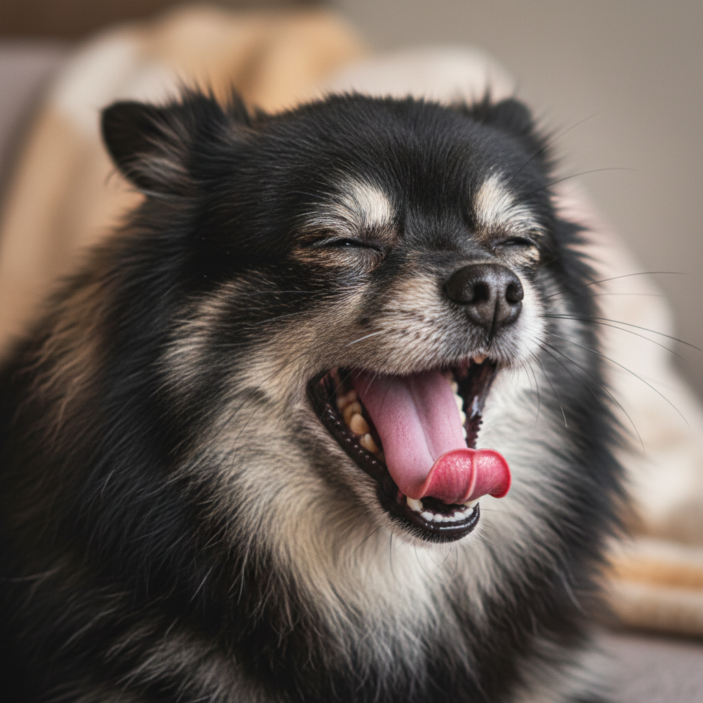 Sable an older dark sable Pomeranian mid-yawn showing tiny teeth with eyes half-closed