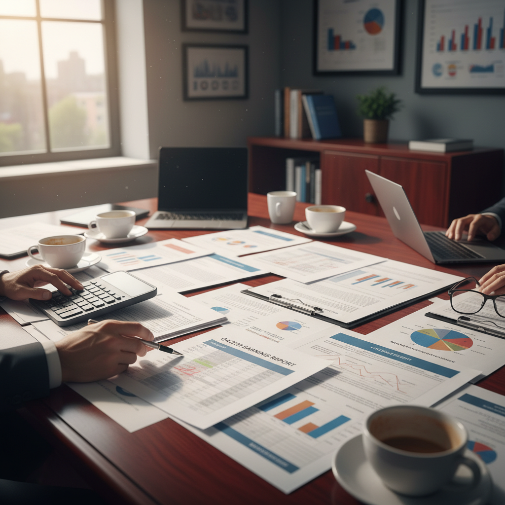 Business documents and financial statements spread across a mahogany desk during a coverage review session