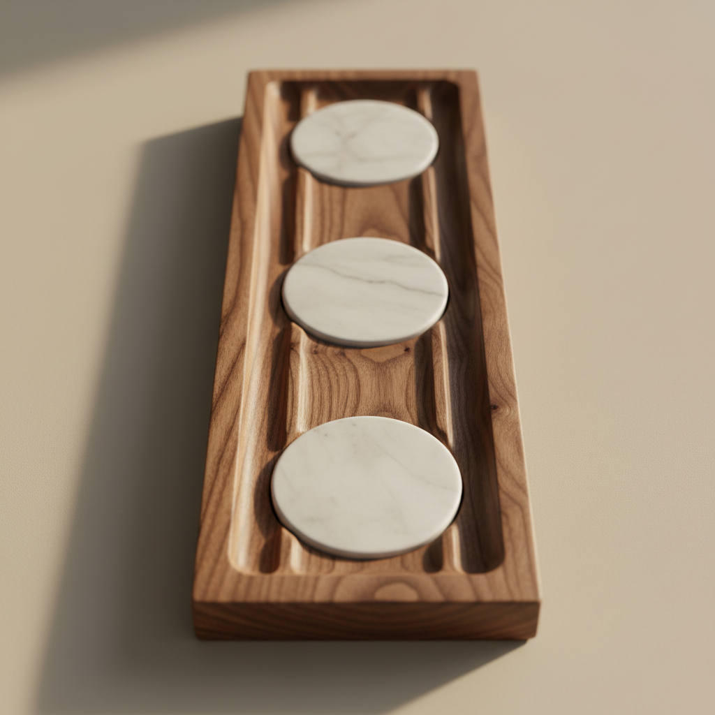 Kiln-dried walnut tray with routed channels holding marble coasters, warm wood grain visible