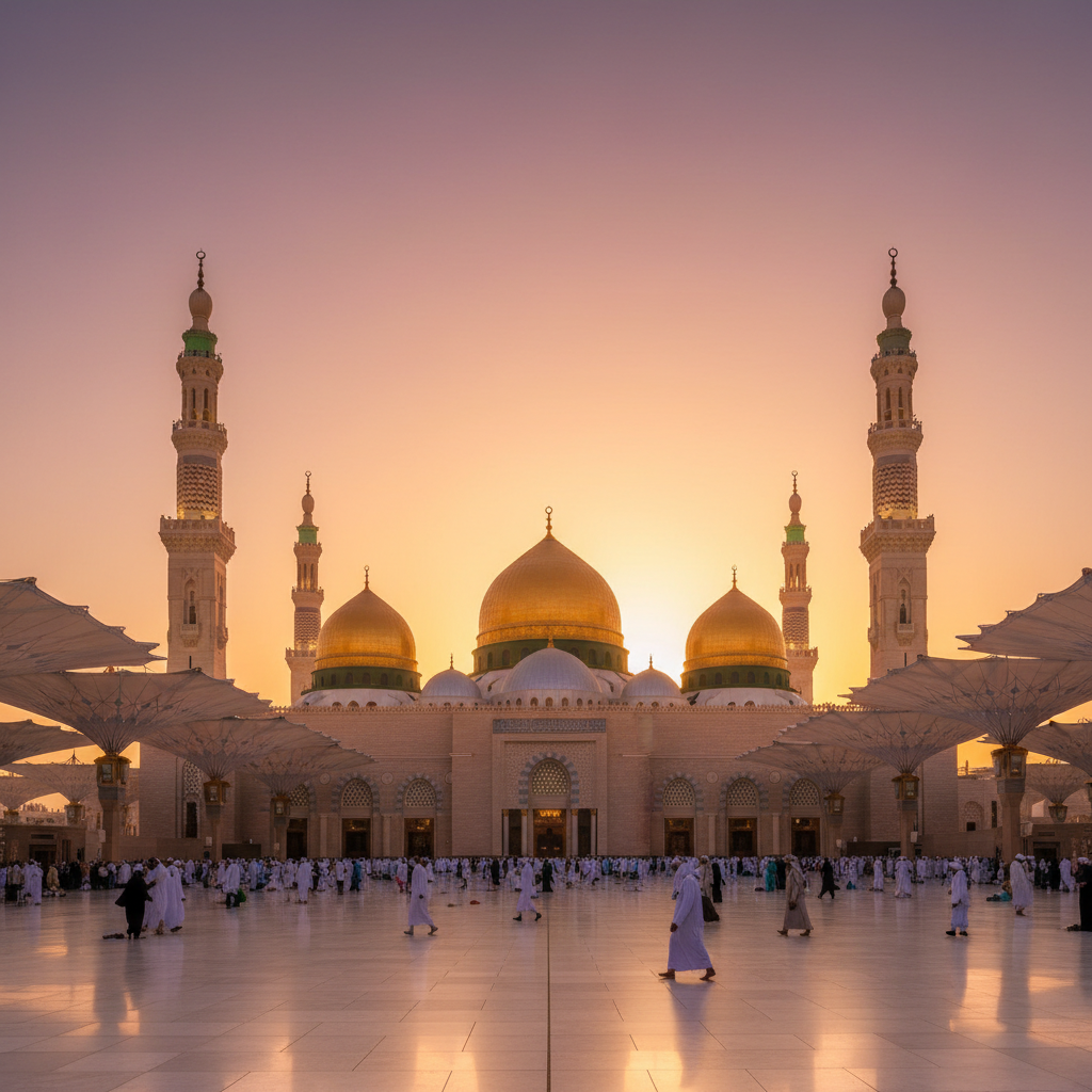 Prophet Mosque green dome in Medina at dusk, atmospheric golden hour lighting, deep twilight sky, ornate Islamic architecture