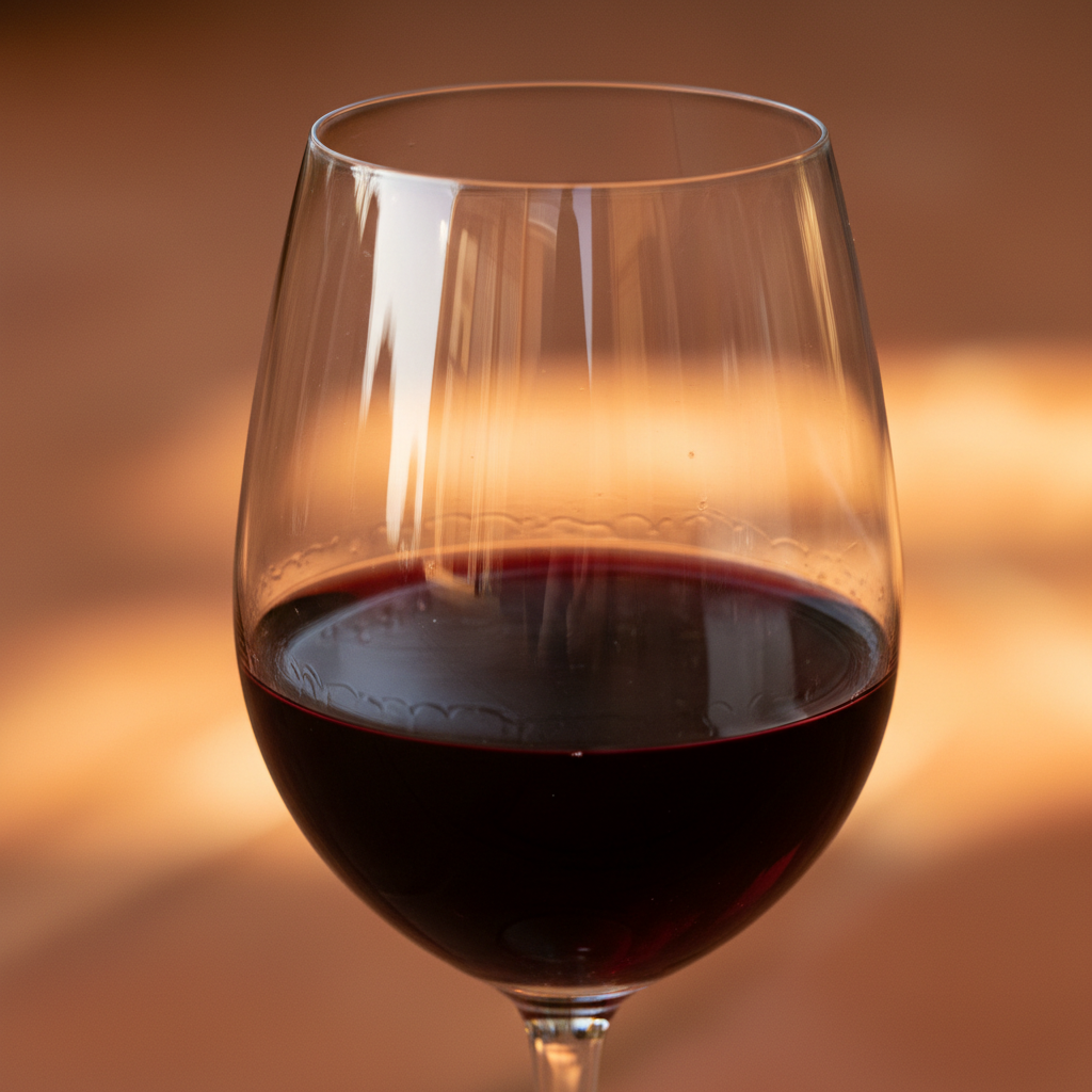 Deep red wine in glass with warm Spanish terracotta tones in background