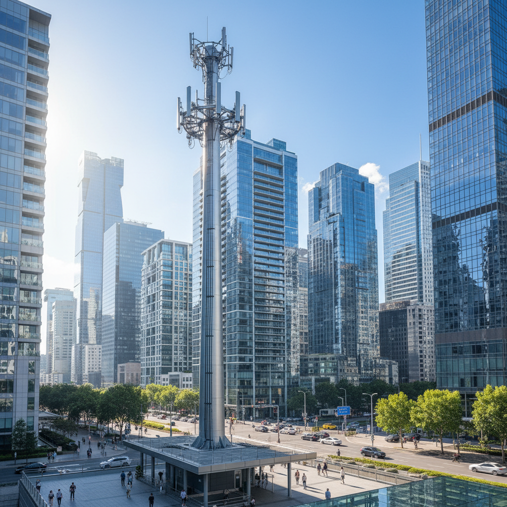 5G tower with signal waves and city skyline in background