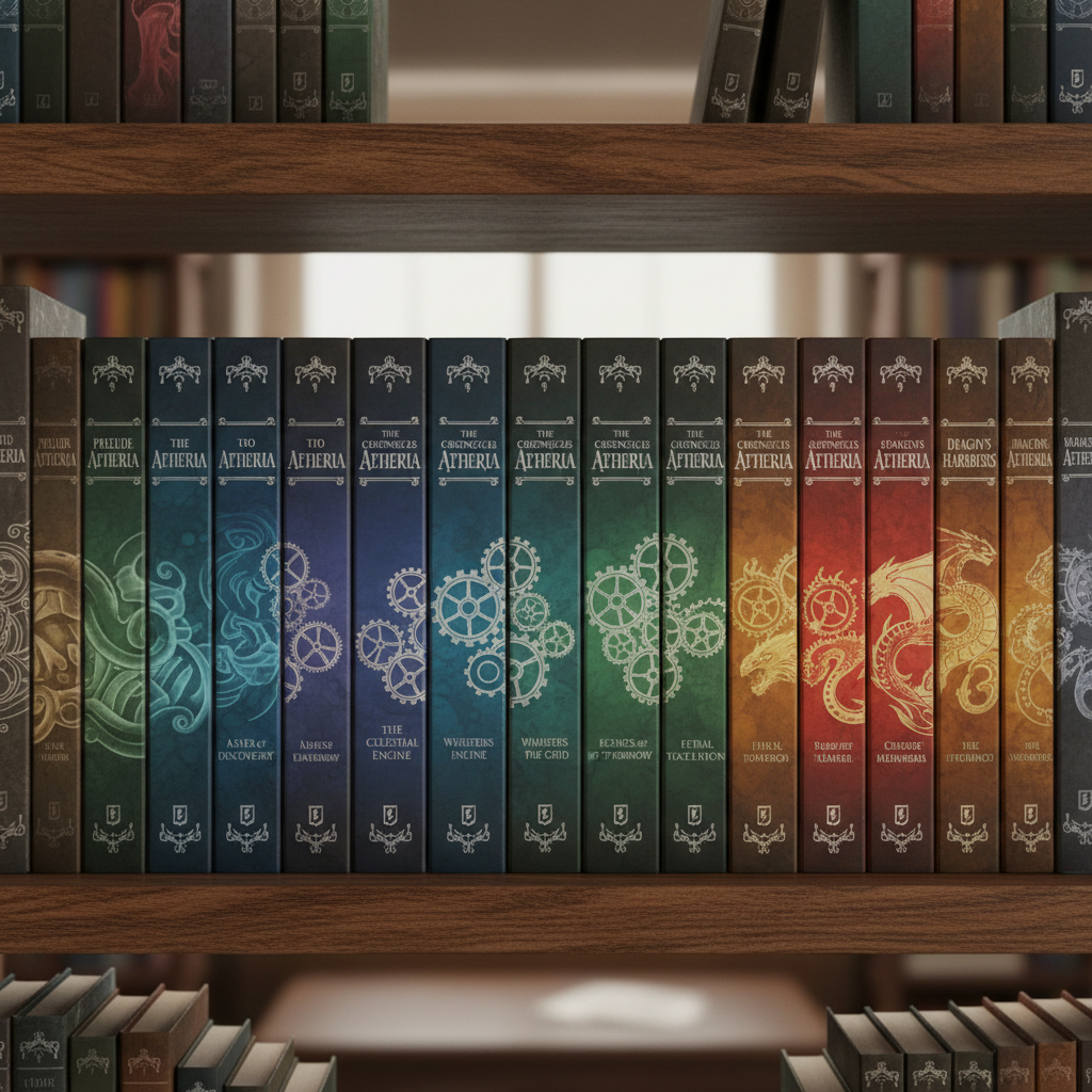 Book spines arranged on shelf showing cohesive series design