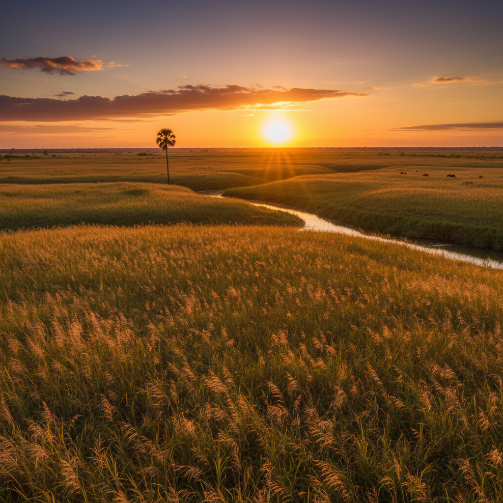 Wide Colombian savanna landscape at golden hour, vast open grassland, dark rich soil, dramatic sky, deep shadows, moody atmospheric low-key lighting