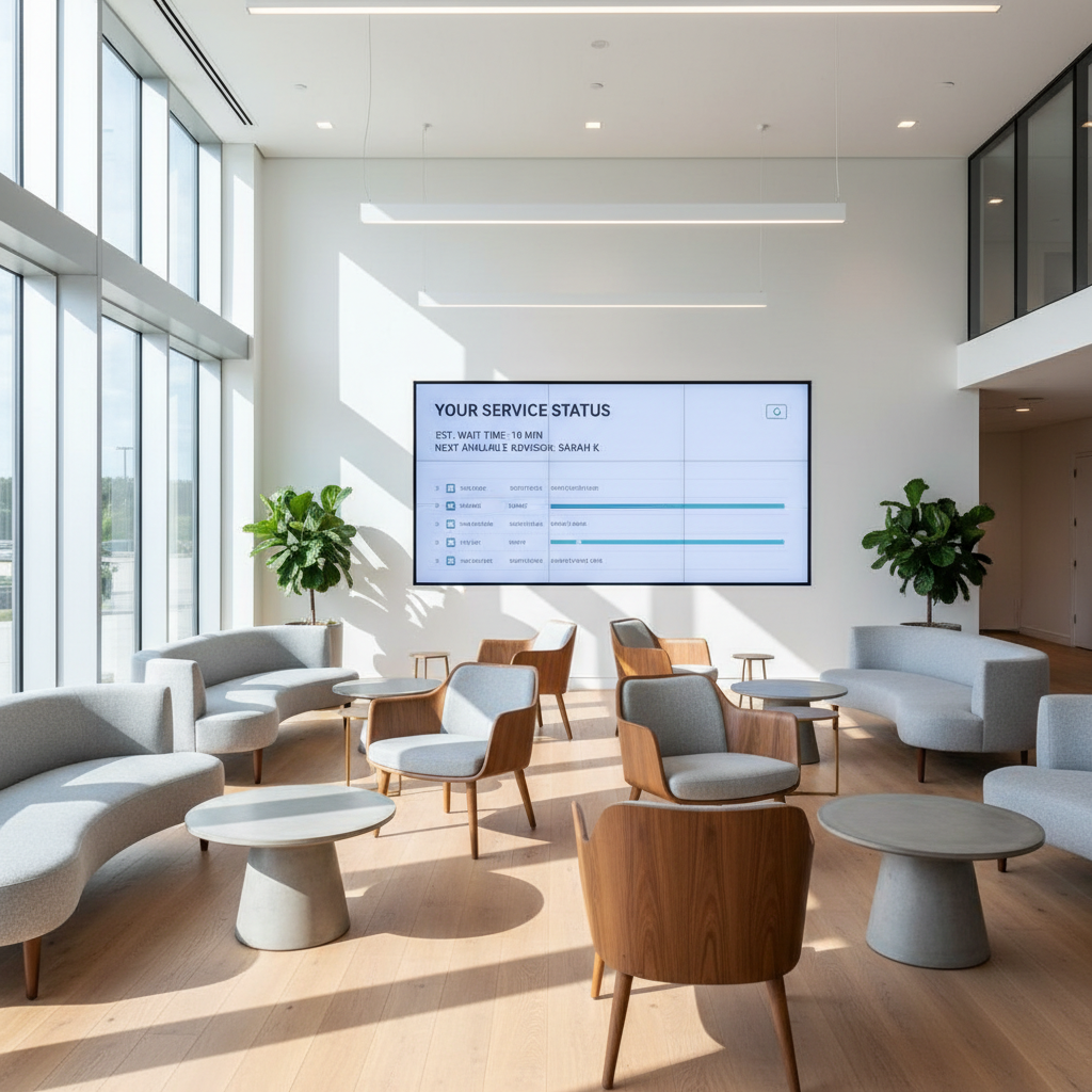Clean, modern customer lounge with comfortable seating and live service status display screen