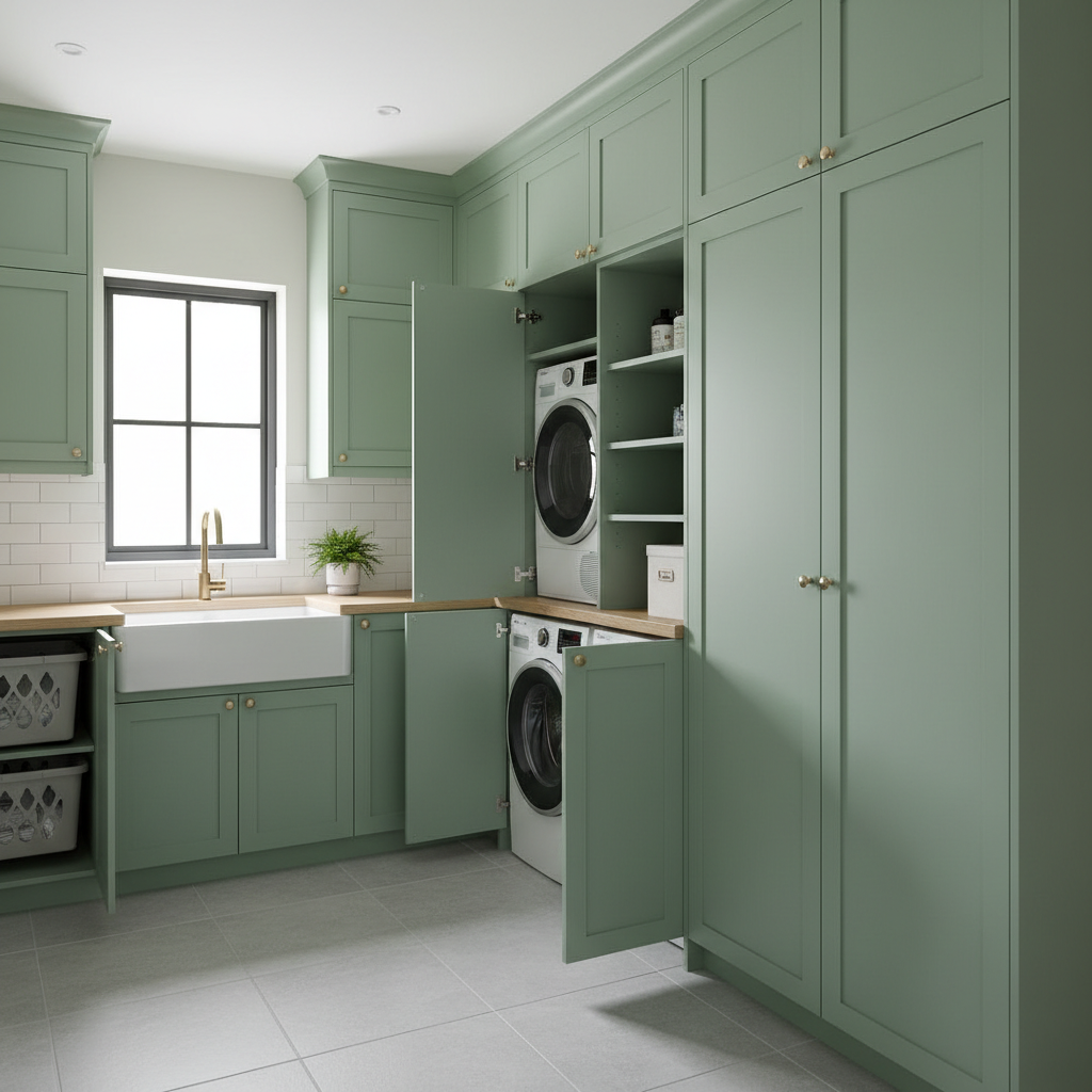 Smooth painted finish on fitted storage in a utility room