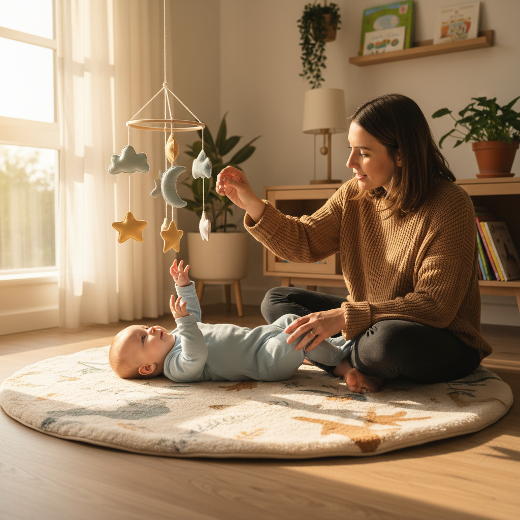 Parent sitting cross-legged on a play mat with an infant reaching toward a hanging mobile, warm golden light