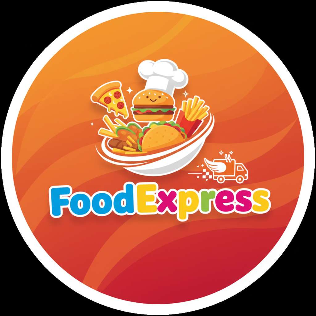 Food delivery app ad showing colorful dishes on dark promotional background