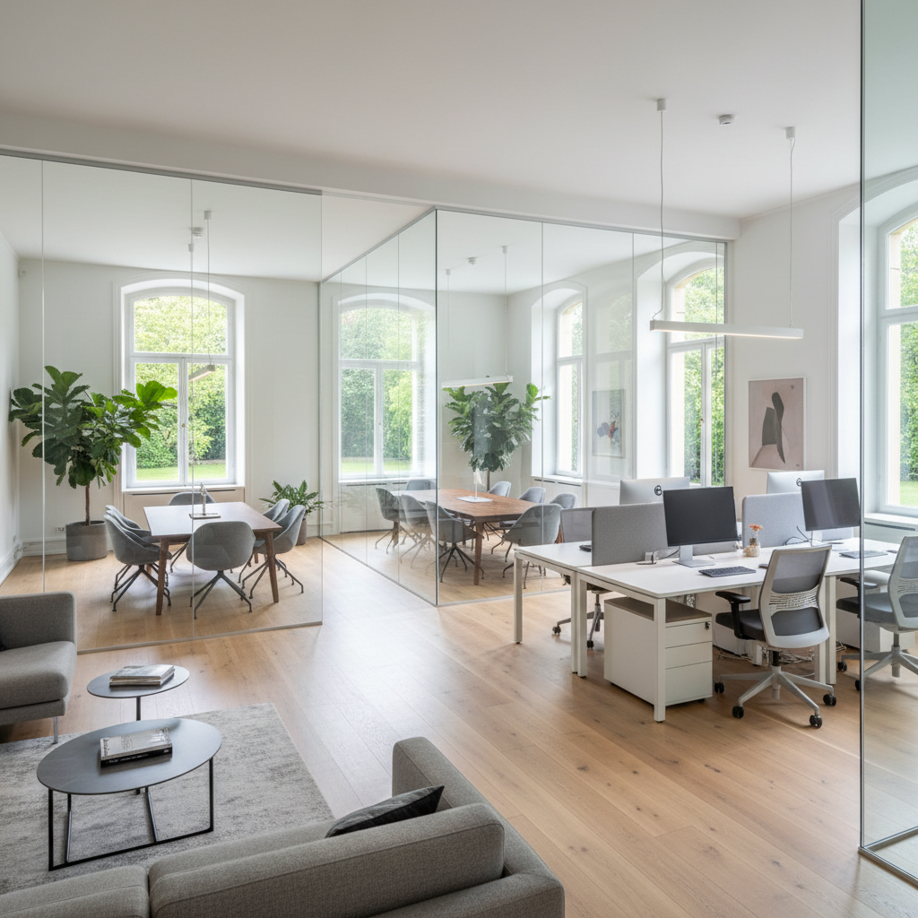 Modern glass office interior with clean lines, bright natural light and open workspace