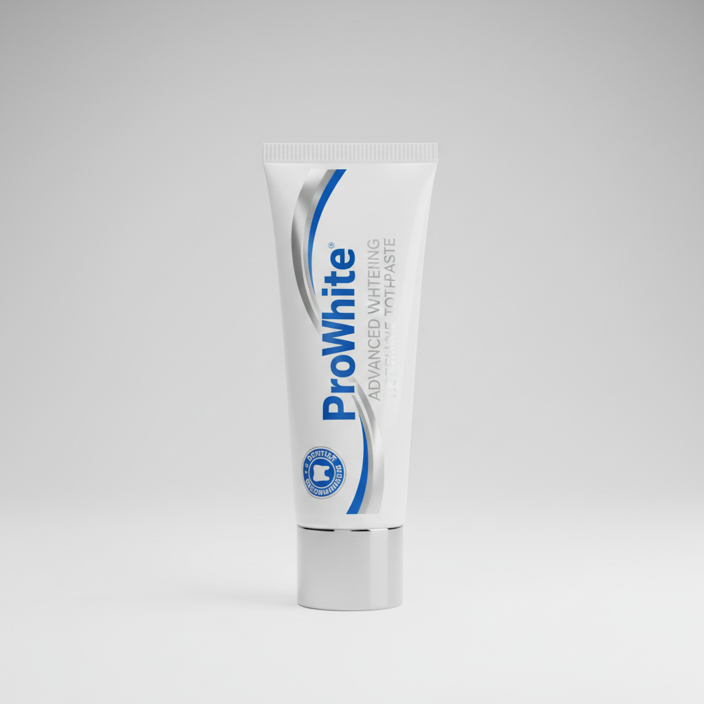 DCL Whitening Pro toothpaste tube in bright white packaging with blue clinical accents on clean surface