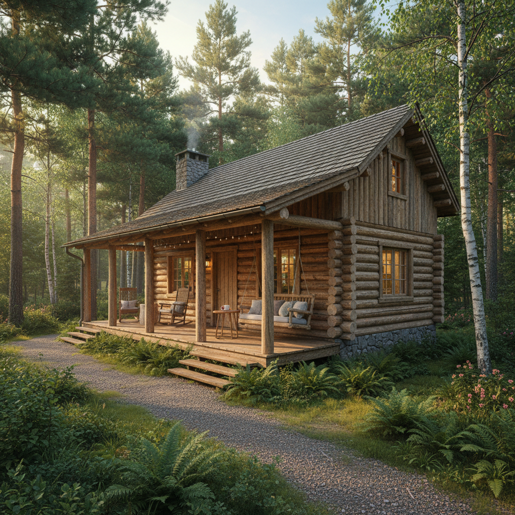 Charming log cabin in Blue Ridge Mountains with wraparound porch and forest backdrop