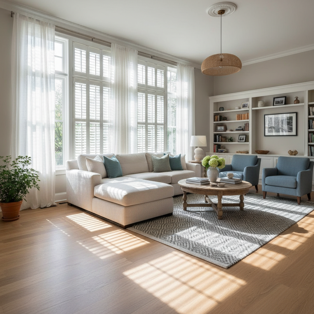 Bright living room with plantation shutters adding classic architectural character