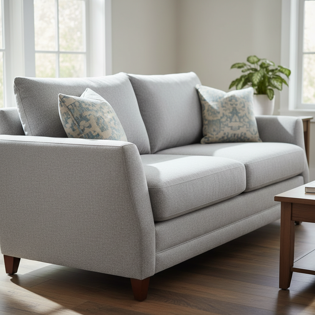 Beige linen throw pillow on a light gray couch in a bright living room