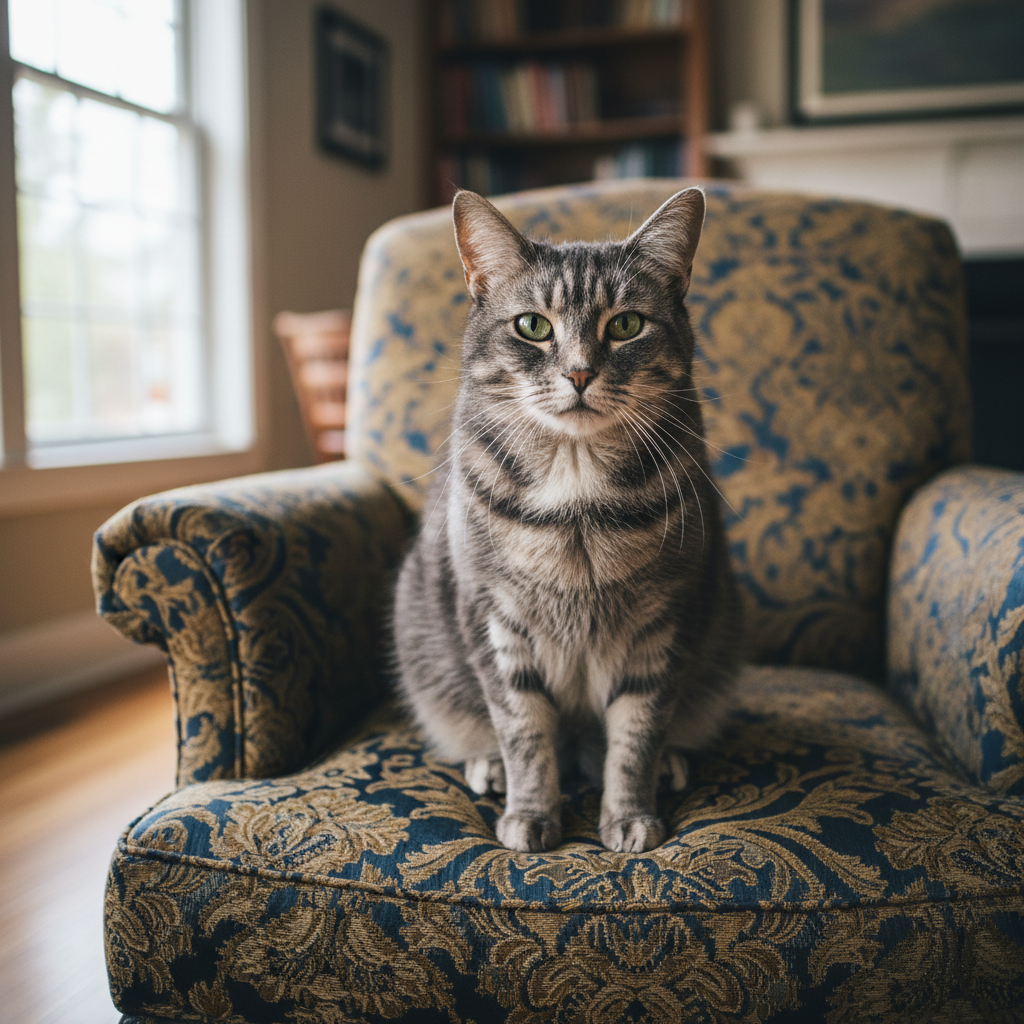 Grey senior cat with wise eyes sitting regally on a patterned armchair