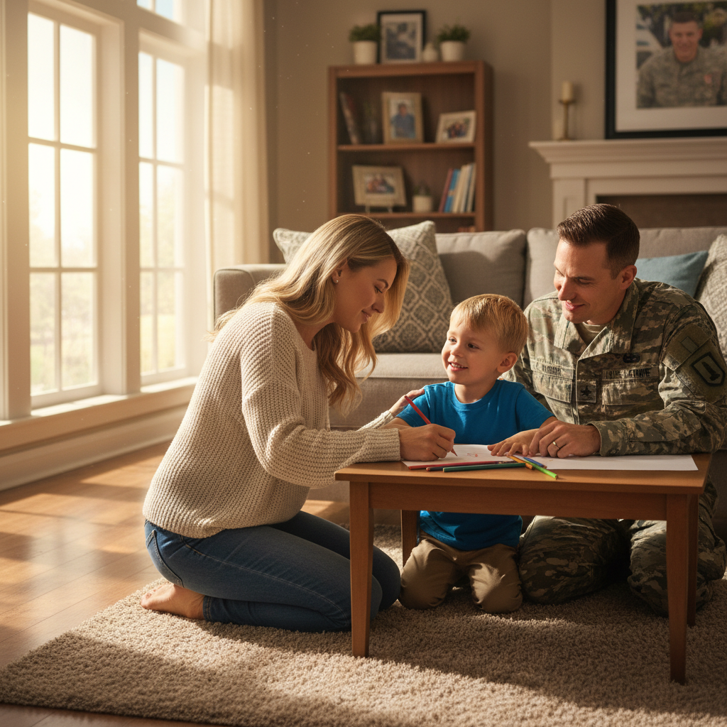Military family in warm indoor setting, mother teaching child, soft natural light, bright airy environment