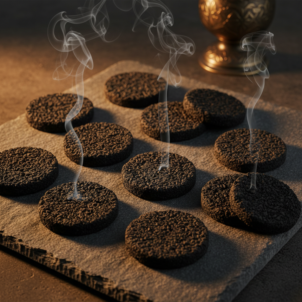 Bakhoor charcoal discs arranged on dark surface with warm atmospheric lighting