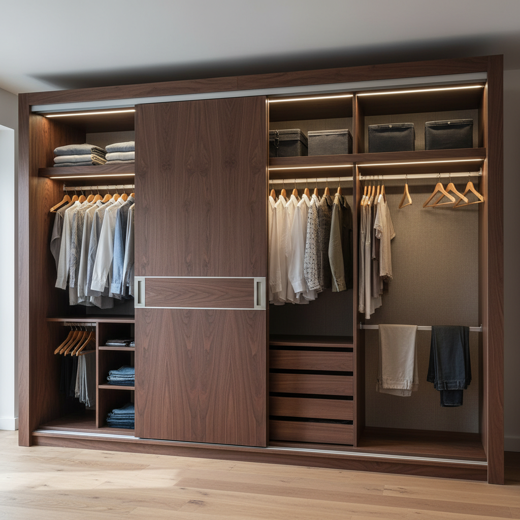 Dressing sur mesure en bois de noyer avec portes coulissantes et éclairage intégré, réalisation Mangoustan