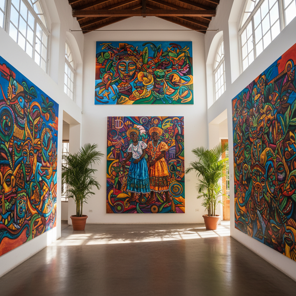 Caribbean gallery space with bold paintings exploring cultural identity, vibrant colors on display