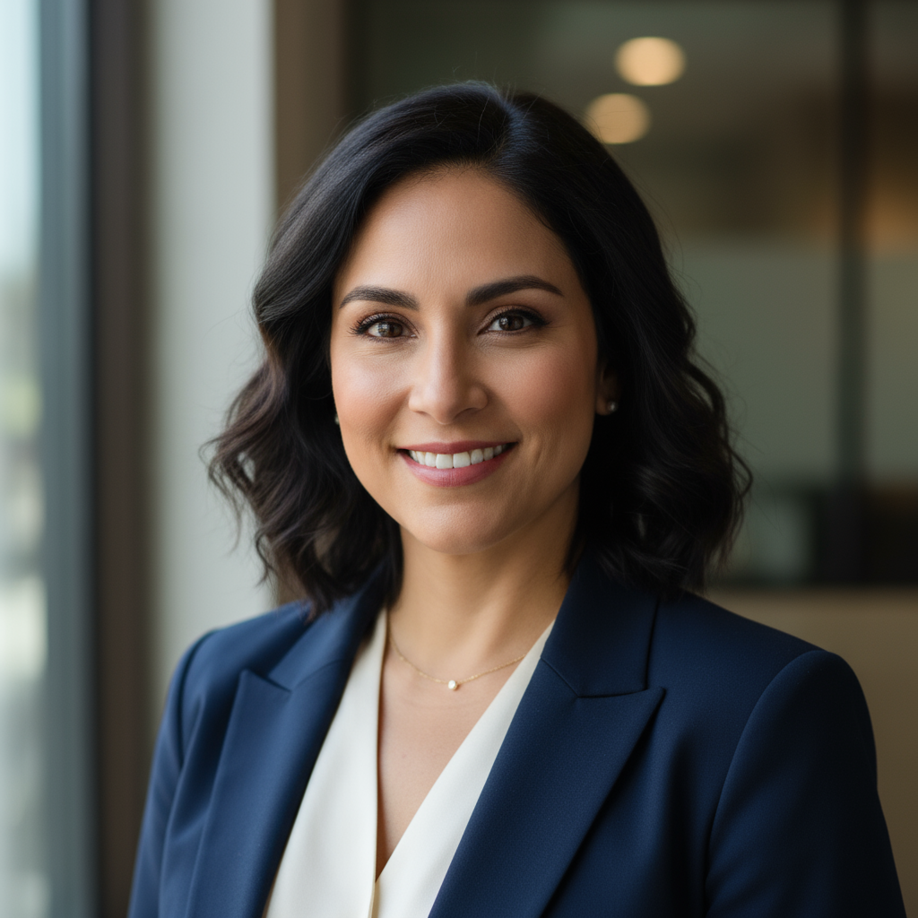 Elegant woman in professional attire with a warm smile