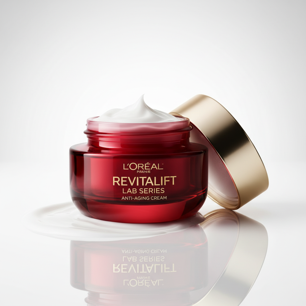 Crème anti-rides L'Oréal Revitalift en pot blanc sur fond clair