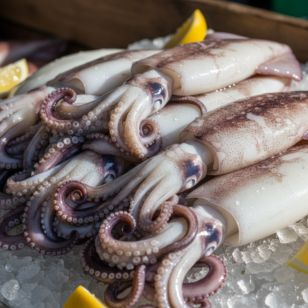 Fresh whole squid with translucent white body and purple-spotted mantle on ice