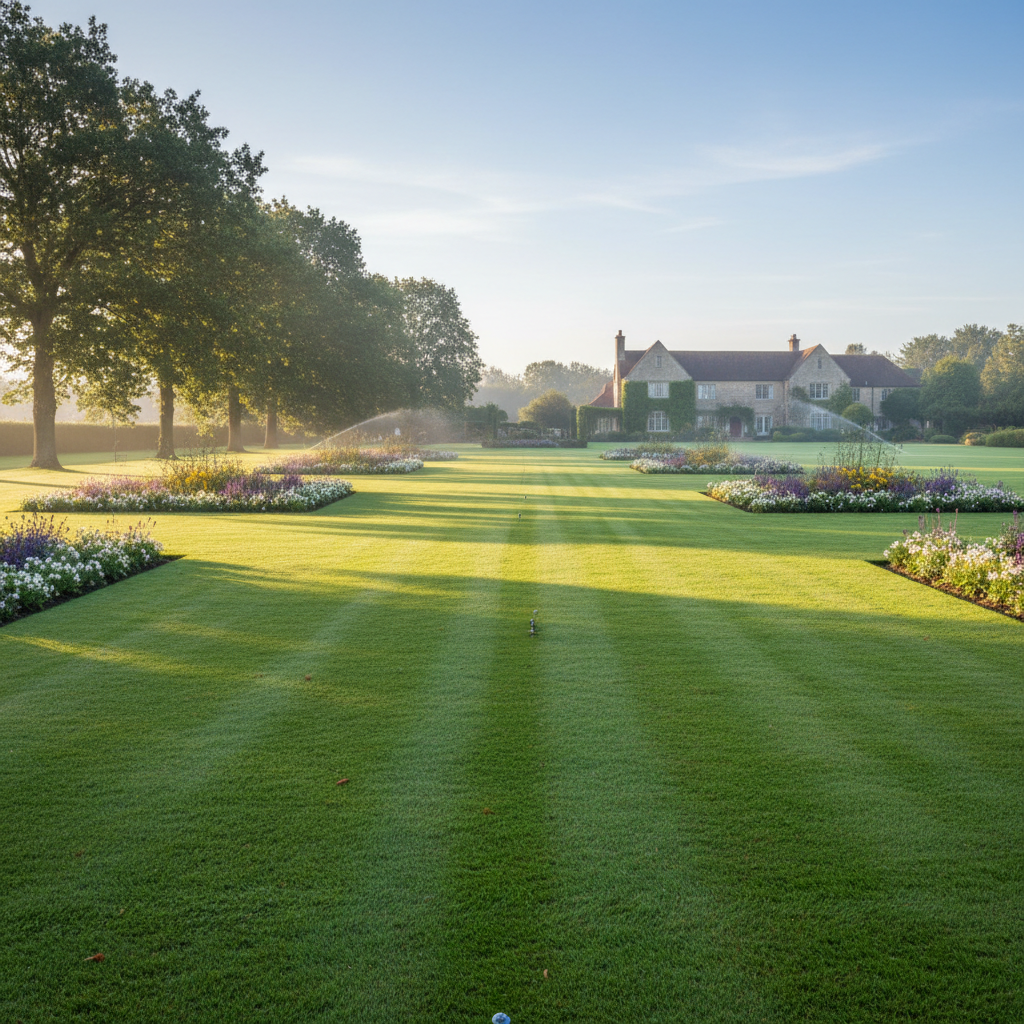 Lush green lawn maintained at Emirates Hills villa community with precision-edged borders and irrigation visible in early morning light