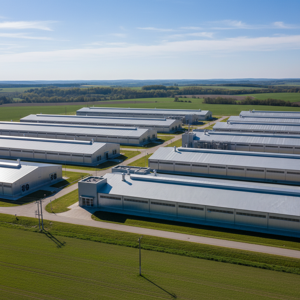Aerial view of large commercial poultry farm with modern housing and green surroundings in Zimbabwe