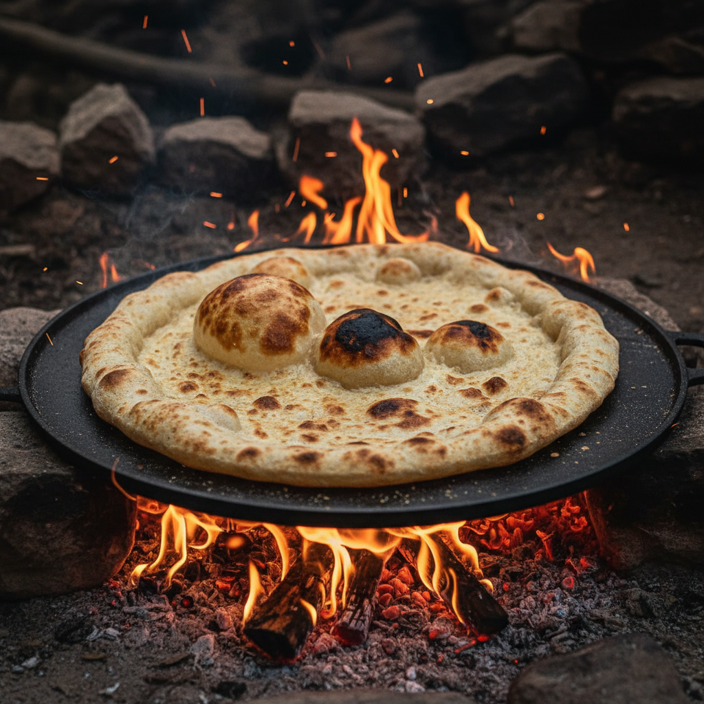 Flatbread blistering on a hot sac griddle over open flame