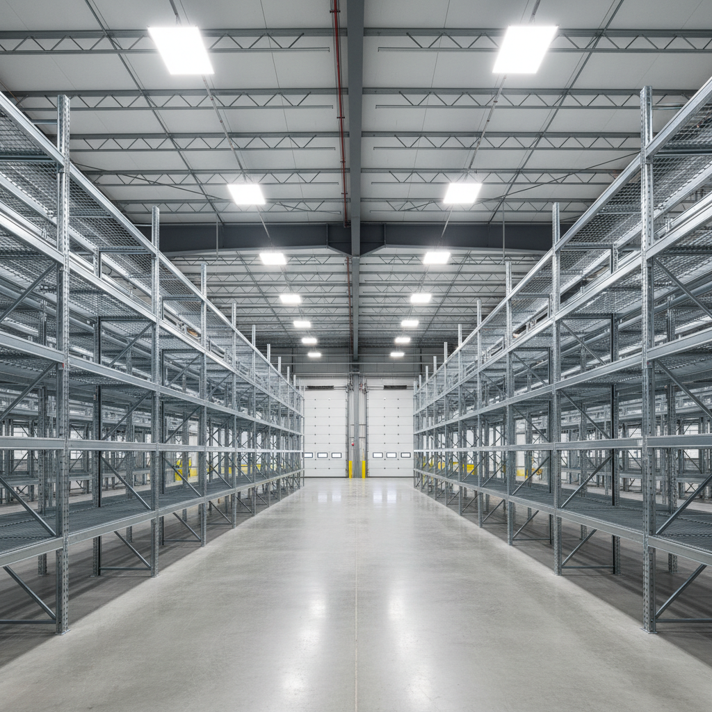 Entrepôt industriel vide avec étagères de stockage, espace inutilisé
