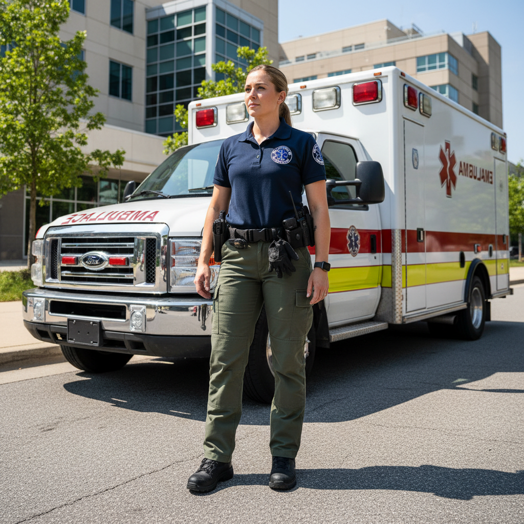 EMS paramedic in duty uniform with cargo pants and department polo at ambulance