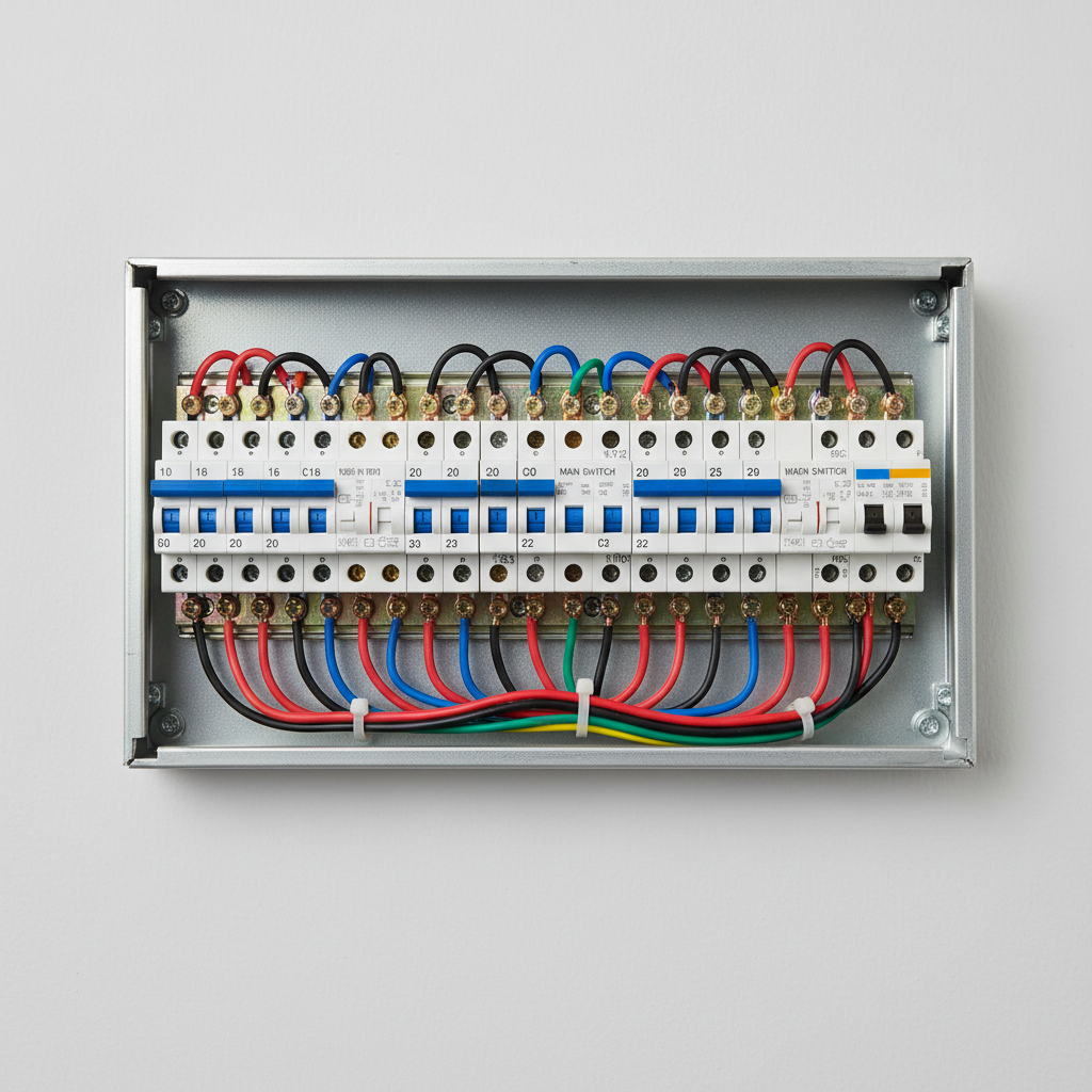 Row of MCB circuit breakers on electrical distribution board