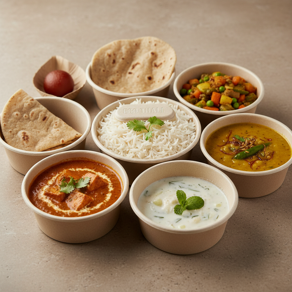 Family thali kit with multiple containers of Indian food, spice packets and handwritten instruction card