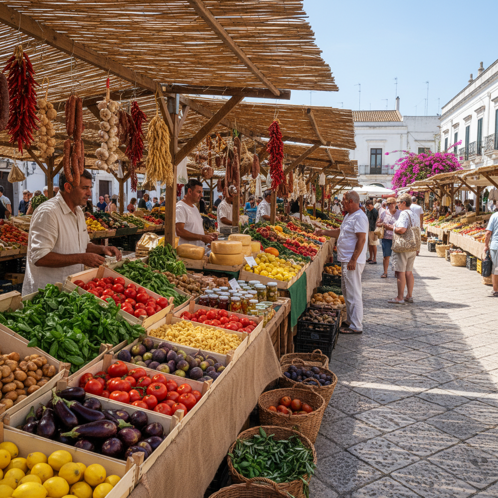 Mercato locale con prodotti freschi km zero, verdure colorate e pescato fresco pugliese