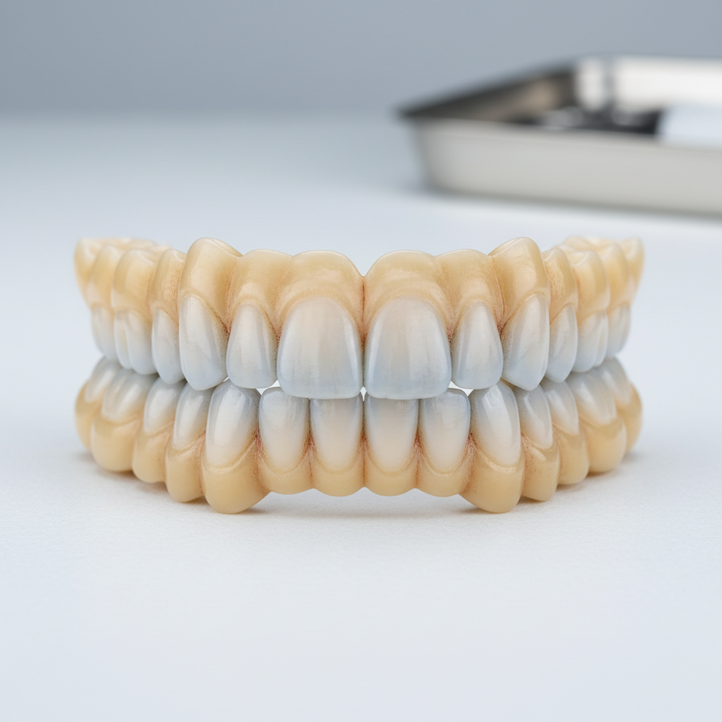 Patient showing a complete smile transformation after full-arch reconstruction, with a full set of natural-looking zirconia teeth in both upper and lower jaws