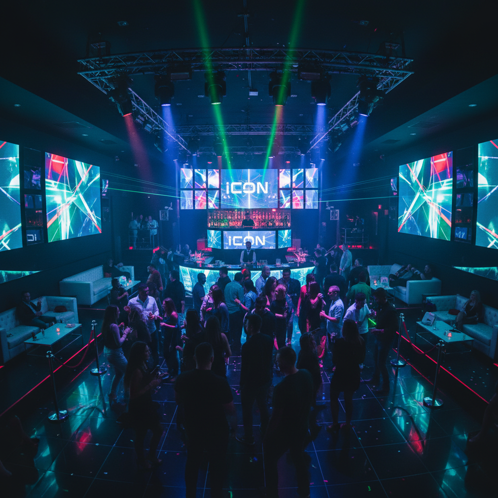 Lively nightclub interior with colorful lighting, dancing crowd and DJ booth