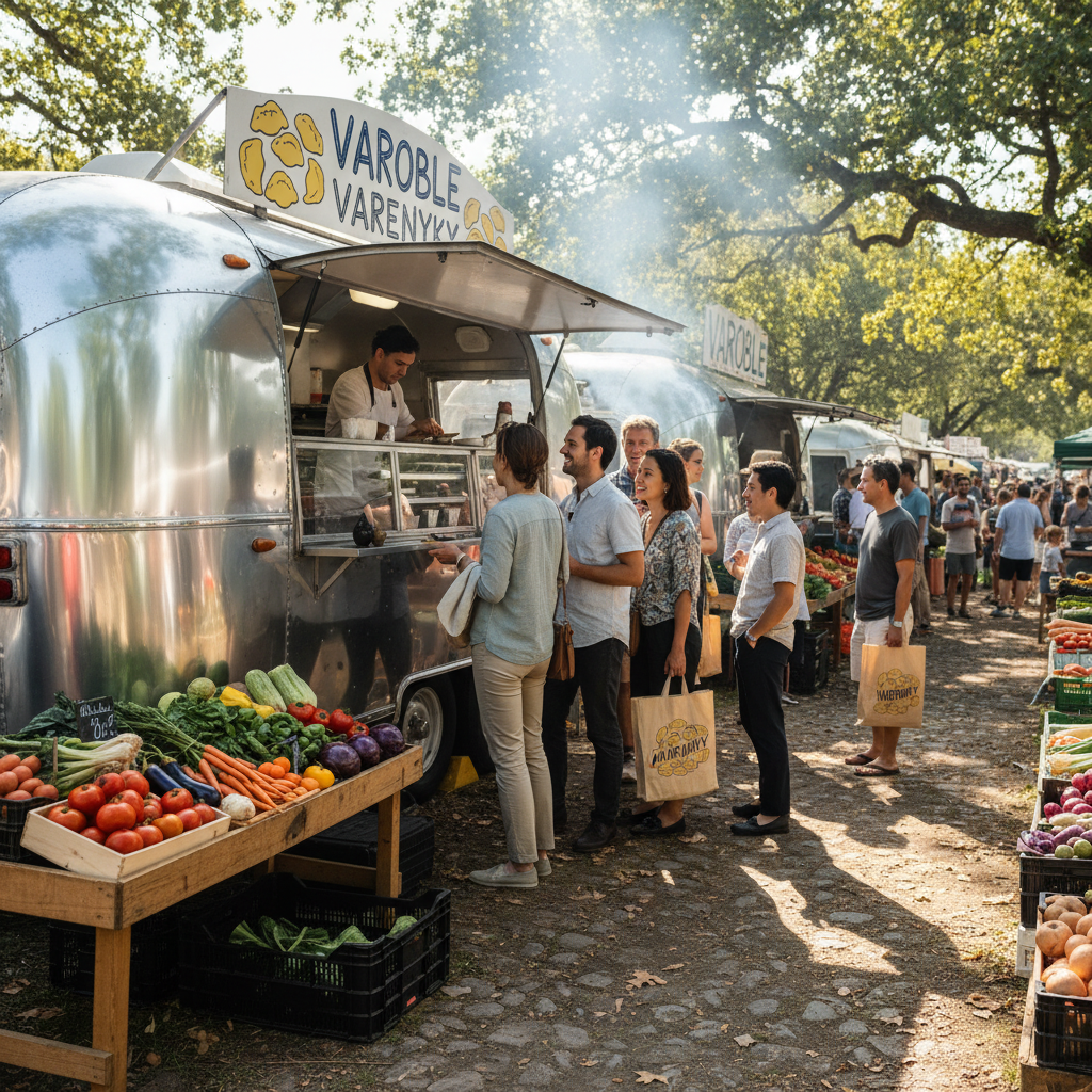 Varenyky food truck Airstream at a sunny farmers market with a queue of customers