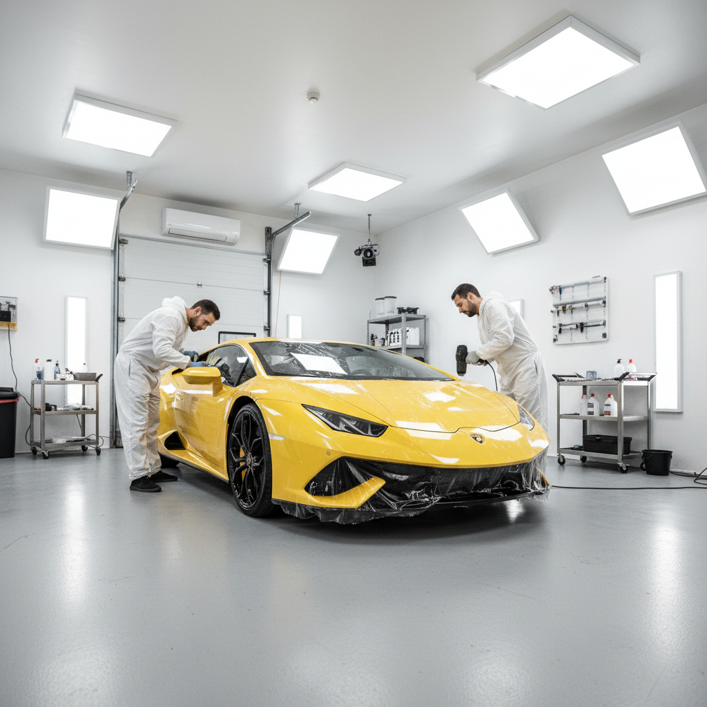 Satin white vinyl wrapped sports car in minimalist studio environment, architectural lighting