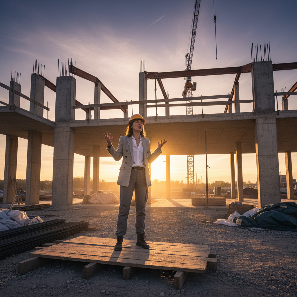 Designer at unfinished site at golden hour delivering manifesto monologue