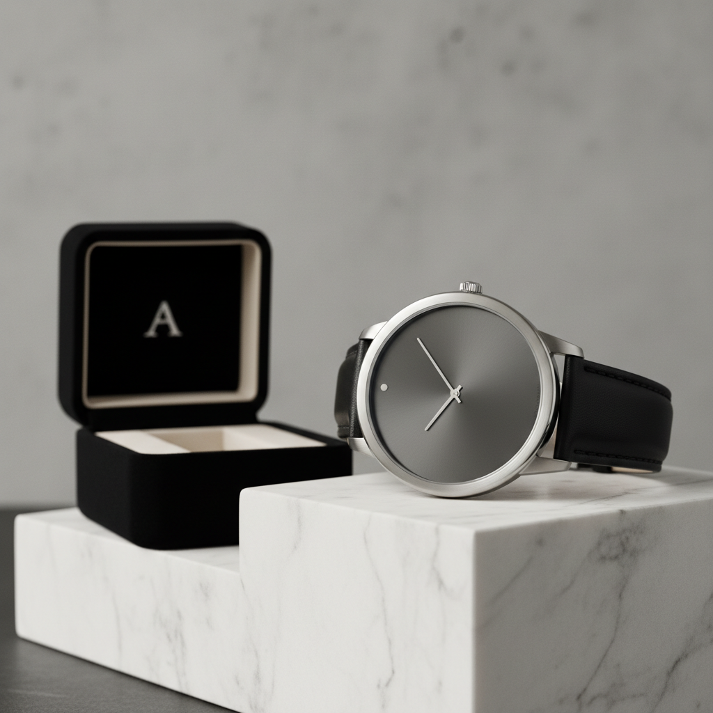 Luxury smart watch with leather strap on dark marble surface, dramatic side lighting