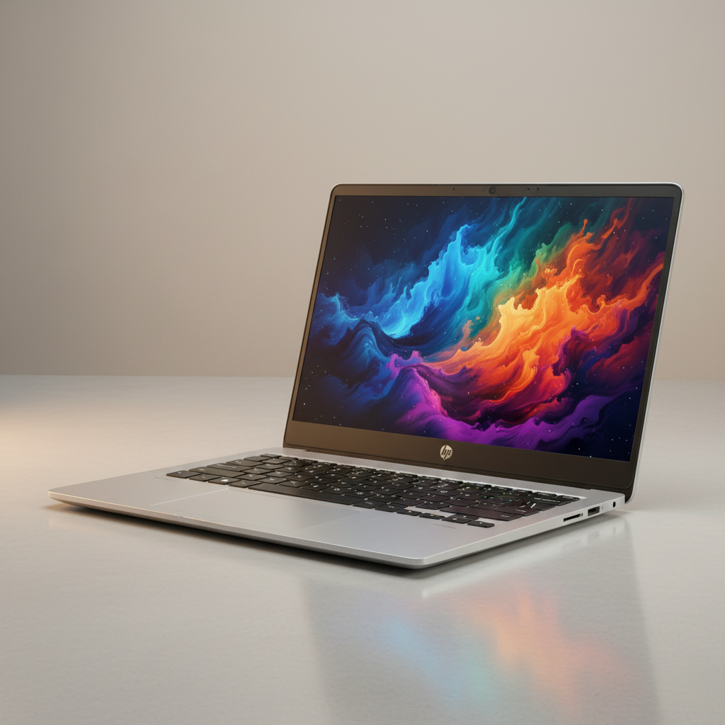 Silver HP Pavilion laptop open on a desk showing a bright screen