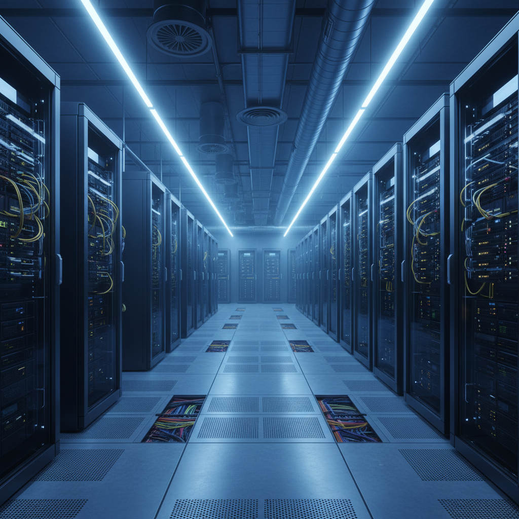 Dark server room with rows of illuminated network rack servers and blue LED lighting in a secure data centre facility