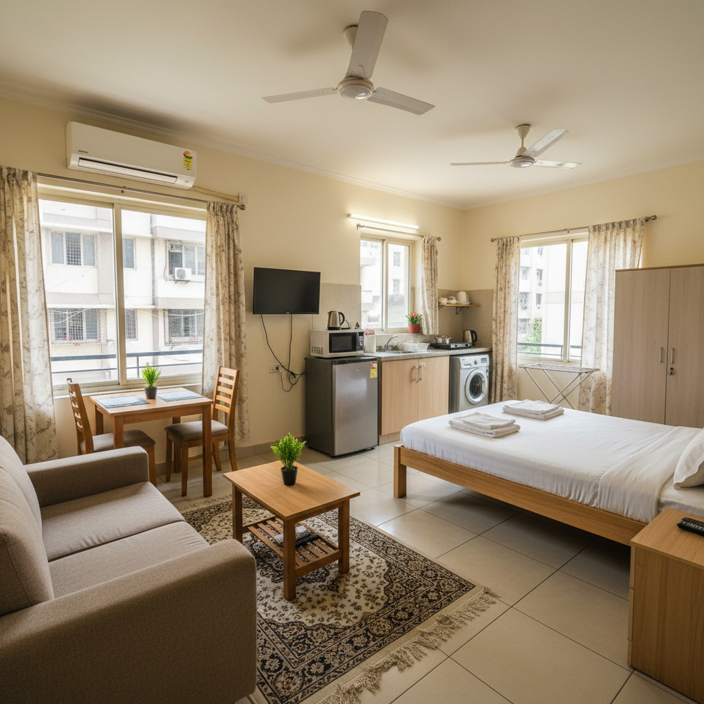Fully furnished studio apartment with modern kitchen and comfortable living area Bukoto