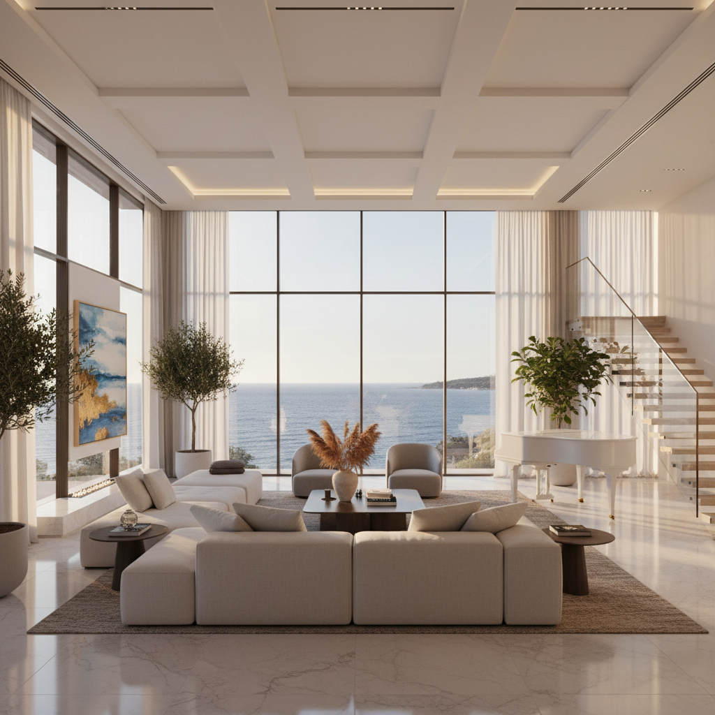 Wide interior living room with floor-to-ceiling windows opening to Mediterranean sea view at golden hour